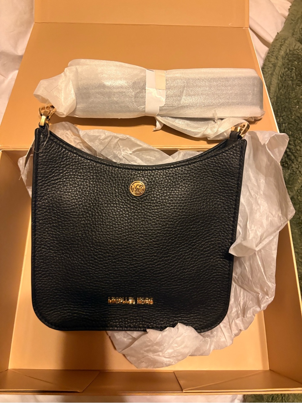 Michael Kors Black Pebbled Leather Shoulder Bag with Gold Hardware